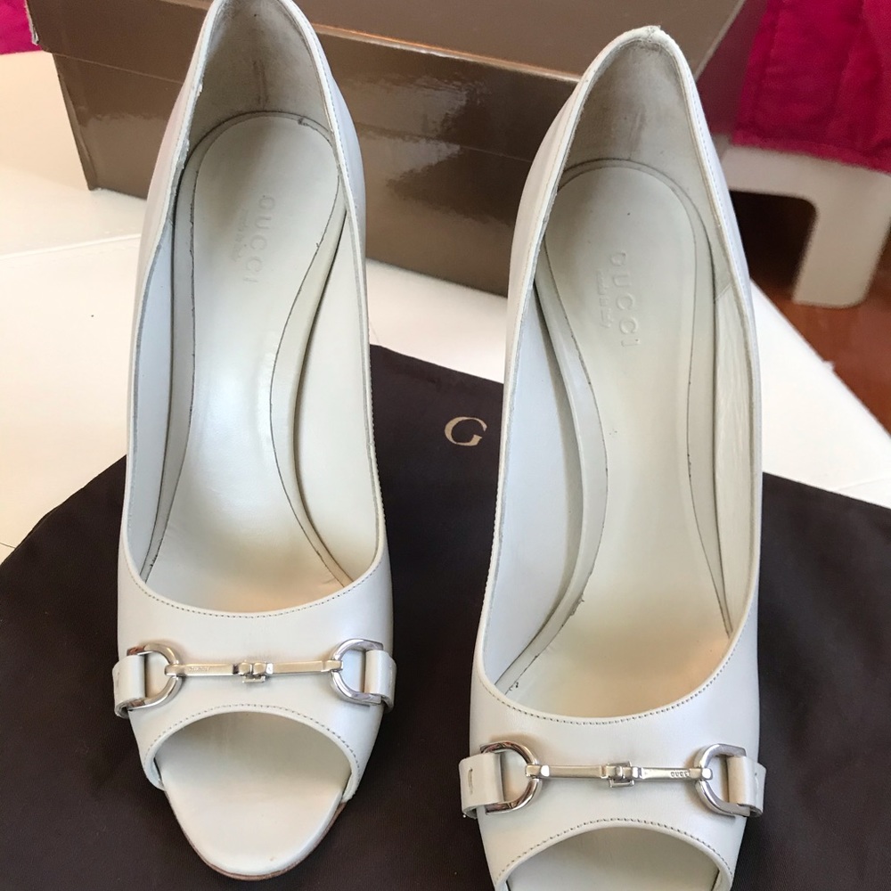Gucci Ivory Peep Toe Heels with Silver Accents